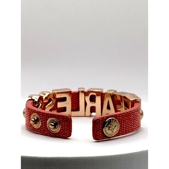 BCBGeneration FEARLESS Slide Charm Leather Snap Cuff Bracelet Pink and RoseGold - Picture 4 of 5